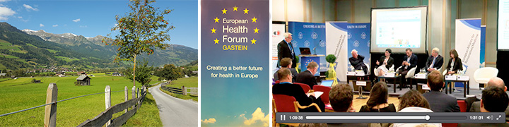 Banner Live-Webcast European Health Forum Gastein Vital Transformation mit Alpenlandschaft, Forum-Logo und Konferenz-Panel