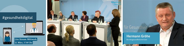 Banner Livestream Bundesgesundheitsministerium mit Hermann Gröhe, Podiumsdiskussion und #gesundheitdigital am 22. März 17:30 Uhr