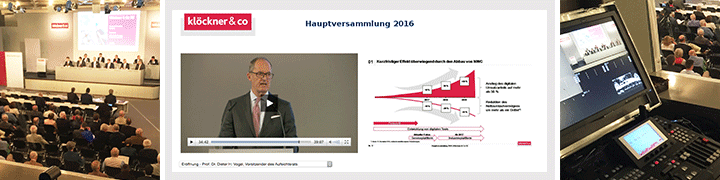 Livestream und Videoaufzeichnung der Hauptversammlung 2016 von Klöckner & Co – Banner mit Konferenzsaal, Redner und Produktionstechnik