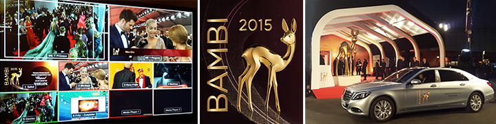 Bambi Awards 2015 Livestream-Banner mit Satellitenübertragung für Burda, Monitorwalls, goldener Bambi und Event-Location