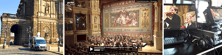 Collage: Semperoper Dresden mit SAT-Uplink-Van, ARTE-Livestream des Orchesters und Streaming-Regie mit Monitor und Technik