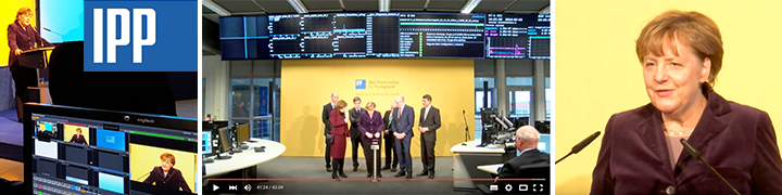 Livestream-Banner Max-Planck-Institut Wendelstein mit Kanzlerin Merkel, Podiumsrede und Kontrollraum