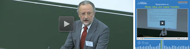 Banner mit Sprecher vor Tafel und Livestream eines Symposiums zu Money Value and Capital Transfers an der Universität Zürich