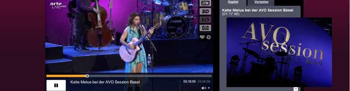 Katie Melua bei der AVO Session Basel: Livestream-Banner mit Bühnenauftritt und Event-Grafik