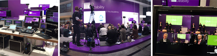 Collage Microsoft CeBIT: Streaming-Regie, IT Pro Academy Bühne mit Publikum und Live-Q&A Monitor