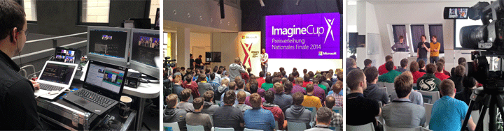 Collage Microsoft ImagineCup 2016: Regie-Pult, Publikum bei der Preisverleihung und Kamera-Team beim Livestream-Einsatz