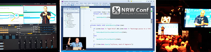 Collage aus Videoproduktion: Schnittplatz, Code-Editor und Bühnenmitschnitt der NRW Conf mit Microsoft-Logo