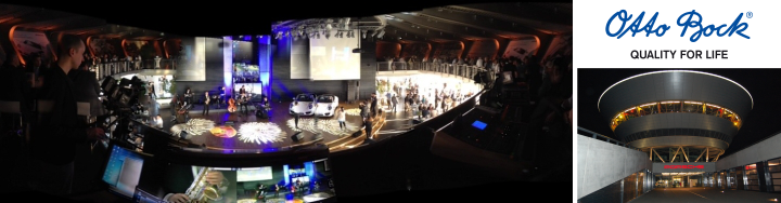 Panoramabanner Otto Bock Event mit Bühne, Fahrzeugen, Livestream-Regie und Logo