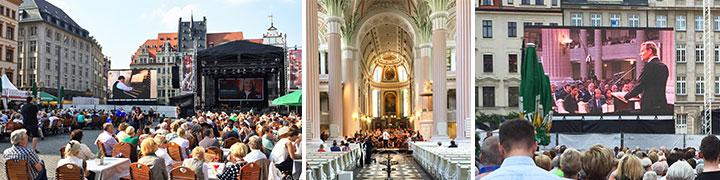 Collage: P2P-Glasfaser-Übertragung Bachfest Leipzig – Bühne am Markt, Nikolaikirche und Großbildschirm mit Live-Performance