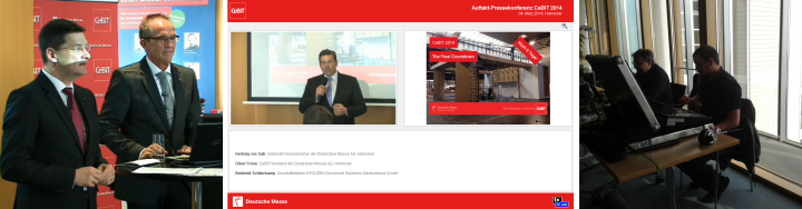 Collage Pressekonferenz CeBIT 2014 mit Rednern und Livestream-Technikern von NC3