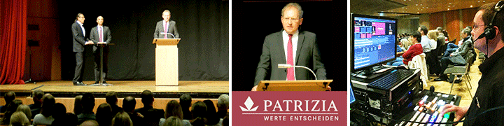 Collage: Bühnenansprache bei Patrizia, Redner am Pult und Livestream-Regie mit Technik für interne Mitarbeiter-Übertragung