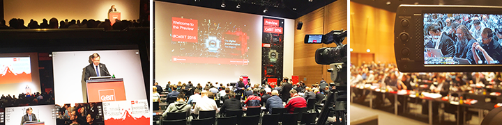Bildcollage CeBIT 2016 Press Preview: Bühne mit Redner, Publikumssaal mit Kamera und Live-Monitor der Videoproduktion