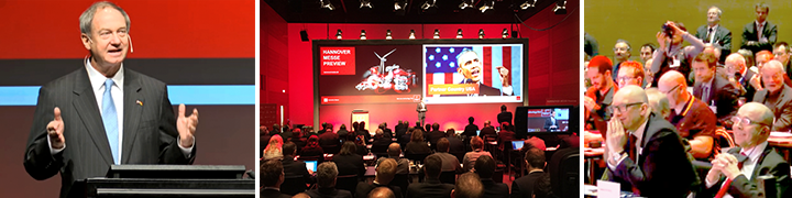 Collage Hannover Messe: Redner am Pult, Publikum mit Obama-Livestream auf Großbildschirm und applaudierende Zuschauer