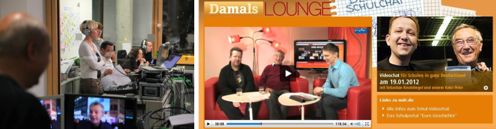 Banner für Schulchat-Livestream mit Produktionsteam links und Lounge-Szene rechts inklusive Videoplayer