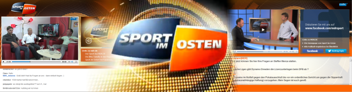 Banner der Sportsendung Sport im Osten mit Studio-Szenen, Logo in Blau-Orange und Social-Media-Integration
