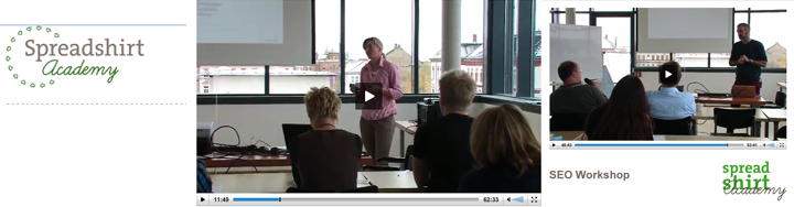 Spreadshirt Academy Banner mit Video-Thumbnails eines SEO Workshops und Präsentationen in modernem Raum