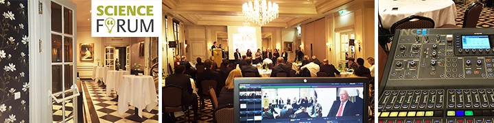 Banner Takeda Science Forum: Veranstaltungsraum, Konferenzsaal mit Publikum und professionelle Livestream-Produktion mit P2P-Übertragung