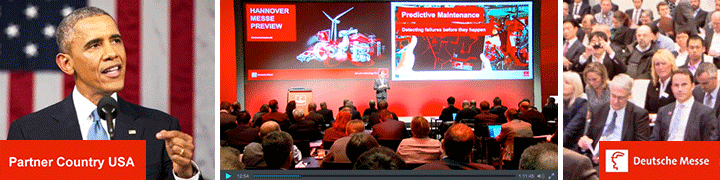 Hannover Messe Banner mit Obama als Partner Country USA, Predictive Maintenance Vortrag und applaudierendem Publikum