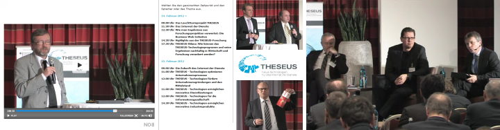 Banner Theseus Konferenz 2012 mit Video-Player, Rednern auf Bühne und Publikum, NC3 Livestream