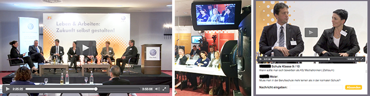 Collage VW Virtueller Kongress: Livestream-Panels, Bühne mit Podiumsdiskussion und Video-Streaming-Interfaces für virtuelle Konferenz