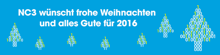 NC3 Weihnachts-Banner mit binären Tannenbäumen und Weihnachtsgruß auf blauem Hintergrund