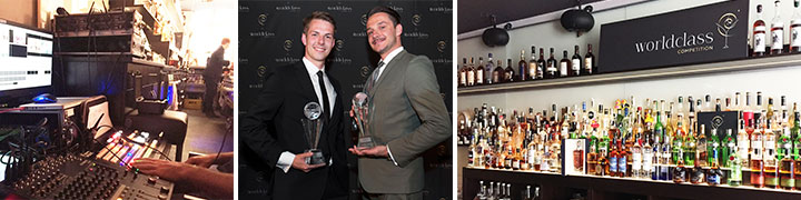 Banner World Class Bartender Challenge Livestream mit Trophäen, Bar und Livestream-Technik