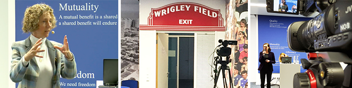 Collage: Rednerin, Wrigley Field Exit-Schild und professionelle Kamera bei Live-Event-Produktion