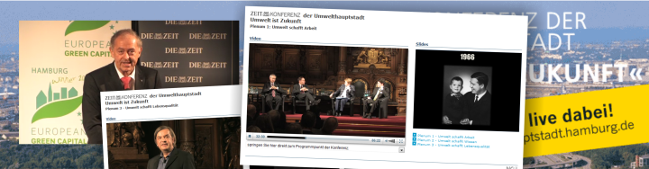 Collage Banner zur ZEIT-Konferenz der Umwelthauptstadt Hamburg mit Video-Player, Panel-Diskussion und historischem Foto