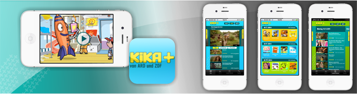 Mehrere Smartphones zeigen die KiKA+ Mediathek App mit kindgerechten Inhalten von ARD und ZDF