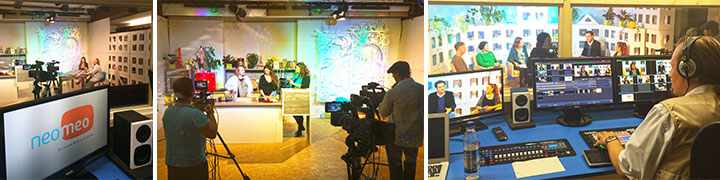 Collage eines professionellen neomeo Streaming-Studios mit Kameras, Bühne und Multi-Monitor-Regie für Web-TV und Mediathek
