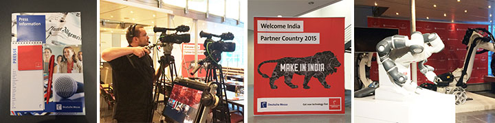 Collage aus Pressekonferenz, Kameramann, Make-in-India-Logo und Robotik-Ausstellung von Deutsche Welle