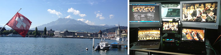 Schweizer Flagge am Vierwaldstättersee Luzern neben professionellem Livestream-Regiepult mit Konzert-Monitoren