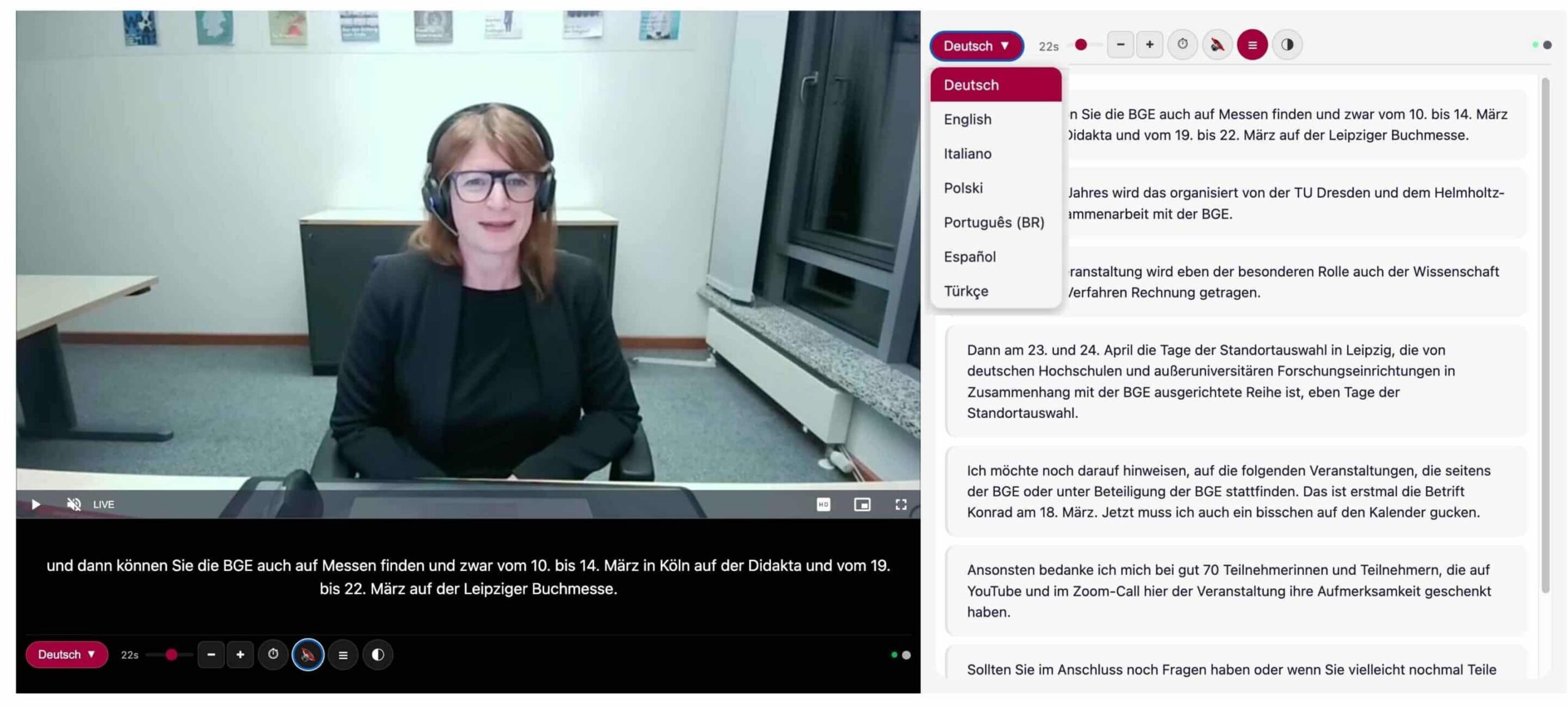 textk.ai Player mit Live-Untertiteln und Mehrsprachigkeit