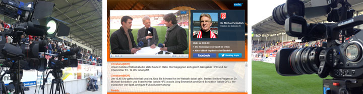 Professionelle Broadcast-Kameras und Livestream-Setup für HalleWebtalk im Stadion mit Hallescher FC