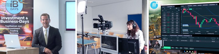 Collage IB Days: Moderator am Podium, Streaming-Studio mit Kamera und Live-Trading-Charts für Investment-Konferenz