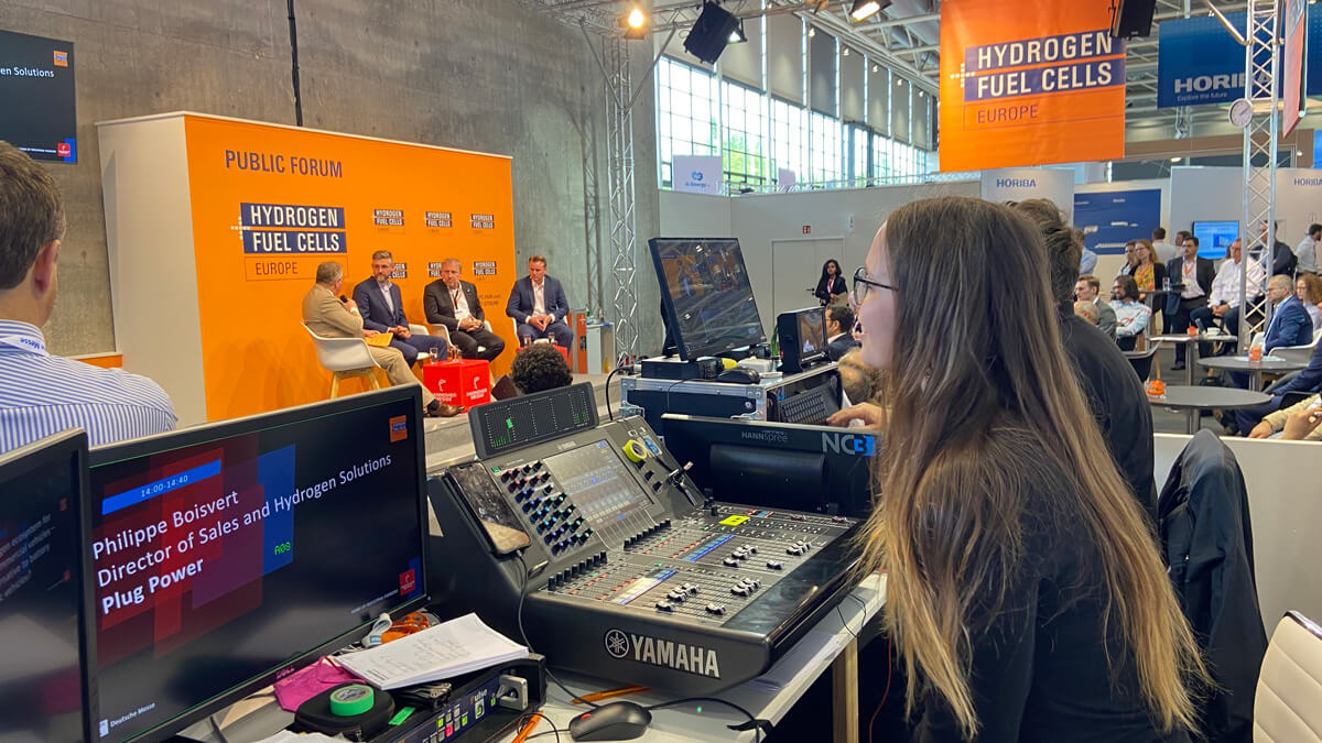 Live-Produktion und Livestreaming bei der Hydrogen Fuel Cells Europe auf der Hannover Messe 2022 mit NC3 Mischpult und Technik
