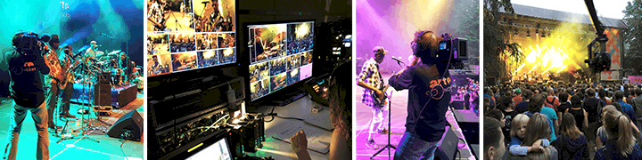 Collage Livestream-Produktion Rudolstadt Festival: Kamerateams, mobile Bildregie-Monitore und Bühne mit Feuerwerk für ARTE