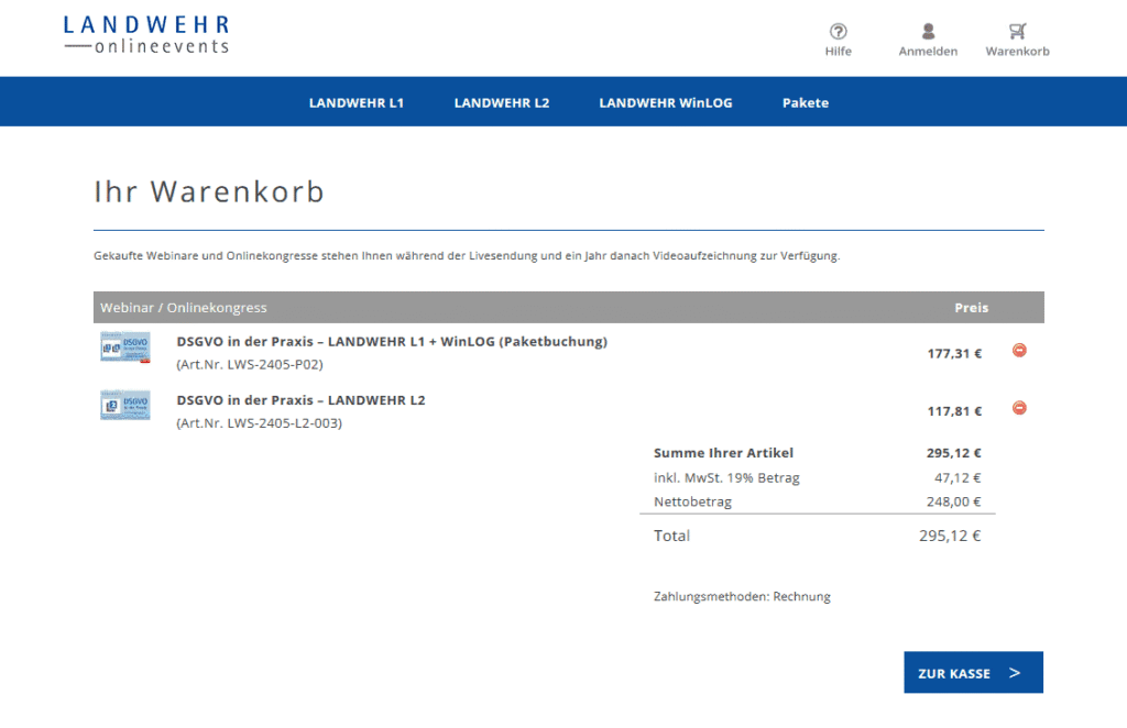 Screenshot Warenkorb Landwehr Onlinevents mit zwei DSGVO-Webinaren, Gesamtbetrag 295,12 €