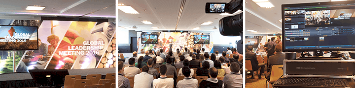 Collage Global Leadership Meeting 2016: LED-Screen, Publikum und professioneller Regieraum mit Livestream-Technik und CDN-Streaming