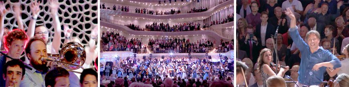 Collage aus Publikum, Orchester und Dirigent bei Livestream-Konzert in der Elbphilharmonie Hamburg