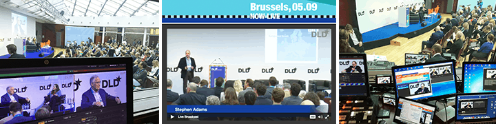 Collage Livestream-Produktion: Bildregie, SAT-Uplink und Konferenzsaal bei DLD Event in Brussels