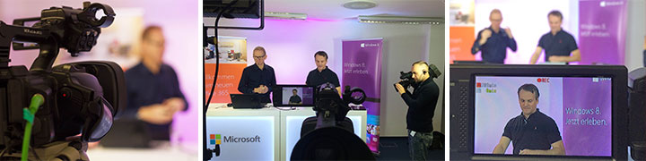 Professionelle Videoproduktion und Livestream-Setup für Microsoft Windows 8 Event mit Kamera und Studio-Technik