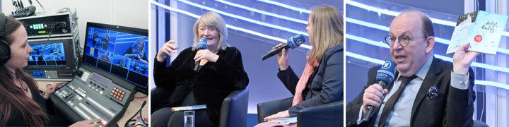 Collage aus drei Fotos der Leipziger Buchmesse 2018: Streaming-Regie, Interview mit Autorin und Moderator bei der Live-Video-Aufzeichnung