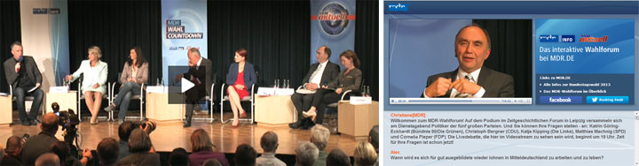 Bühne mit Podiumsdiskussion beim MDR Wahlforum Leipzig und Livestream-Player Screenshot