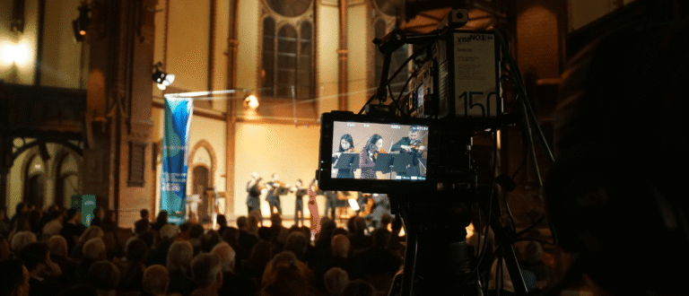 NC3 Profi-Kamera filmt Bach Wettbewerb Finale 2026 Livestream mit Orchester und Publikum in historischer Konzerthalle