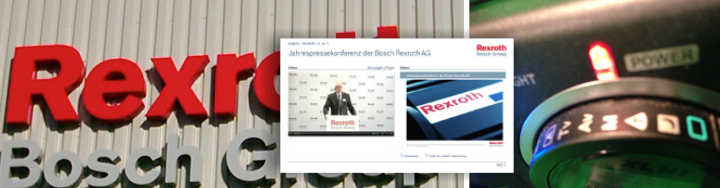 Banner Bosch Rexroth 2010 mit rotem Logo, Pressekonferenz-Overlay und industriellem Bedienpanel