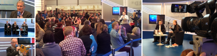 Collage von Veranstaltungsfotos der Buchmesse Leipzig 2014 mit Podiumsdiskussion, Publikum und professionellem Kamerasetup