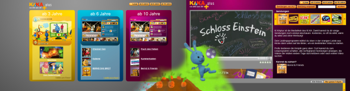 KiKA plus Banner mit Alterskategorien ab 3, 6 und 10 Jahren sowie Schloss Einstein Programm und Hasen-Maskottchen