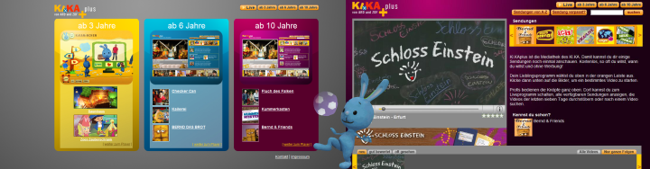 KiKA plus Website mit Alterskategorien, Schloss Einstein und blauem Hasen-Maskottchen für Kinder-Streaming