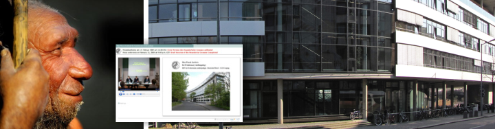 Banner Max-Planck-Institut 2009 mit historischer Menschendarstellung, modernem Institutsgebäude und Event-Overlay